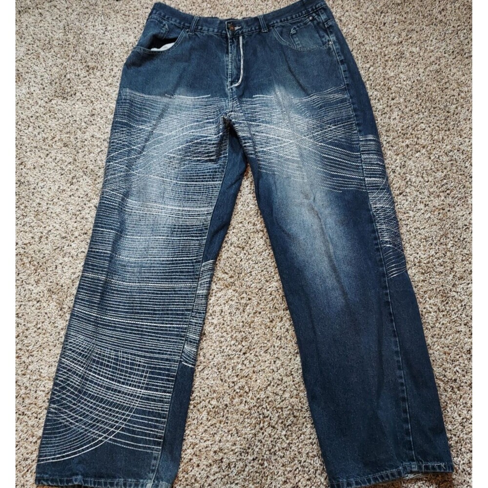 VTG Y2K XO Jeans Mens 38x34 Blue Baggy Wide Leg Grunge White Punk Skater Jnco